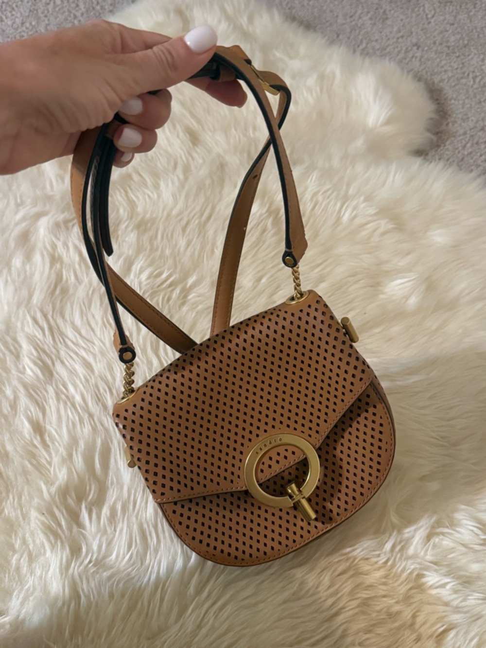 Sandro Yza Perforated Leather Crossbody Bag Camel Tan - Picture 2 of 9